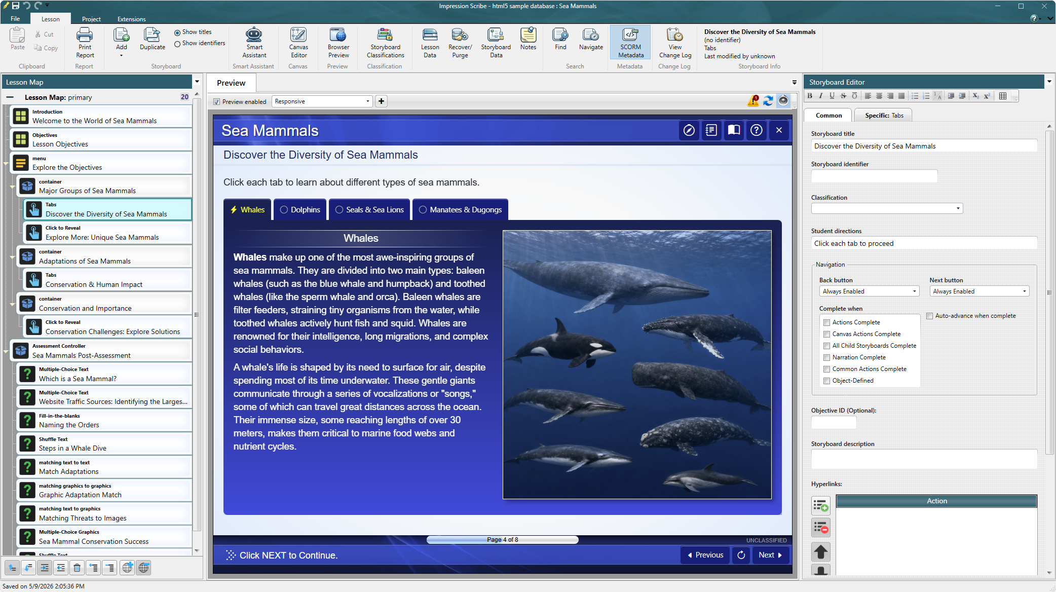 Impression Scribe showing a lesson map, course preview, and storyboard editor