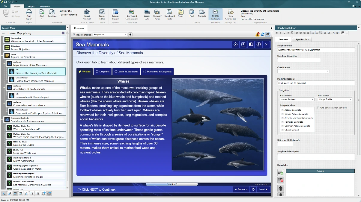 Impression Scribe showing a lesson map, course preview, and Storyboard editor